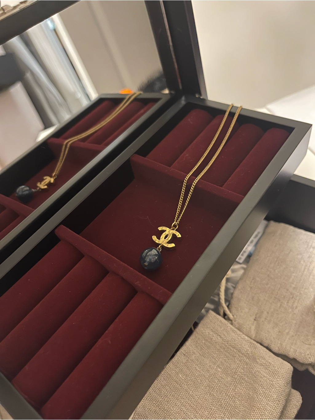 Chanel Gold Cc Pendant Necklace With Dark Blue Stone